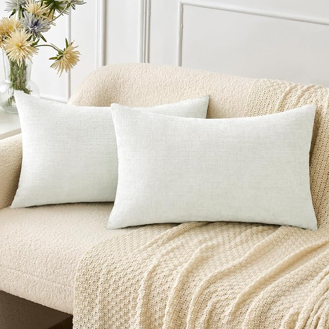 MIULEE Soft Chenille Lumbar Throw Pillow Covers White 12x20 Inch Pack of 2 | Modern Home Decor, Classic Decorative Pillows, Solid Dyed Cases, Boho Couch Cushion Covers for Sofa Bed Living Room