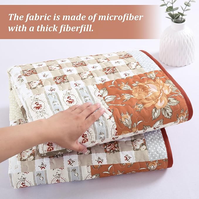 Floral Patchwork Quilt Set King Size, Terracotta Fall Bedspread Coverlet | Autumn Farmhouse Plaid Bedding Set 3 Pcs, Soft Lightweight Bed Cover for All Season, 110''x90''