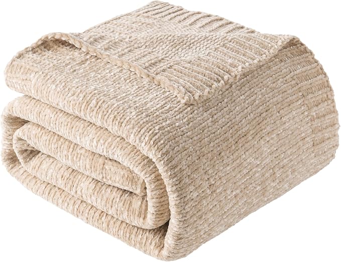 Beige Throw Blanket for Couch, Soft Chenille Throw Blanket 51"x67" | Shiny Oatmeal Chenille Blanket, Breathable & Midweight Knit Throw Blanket, Neutral Throw for Bed Sofa Home Decor