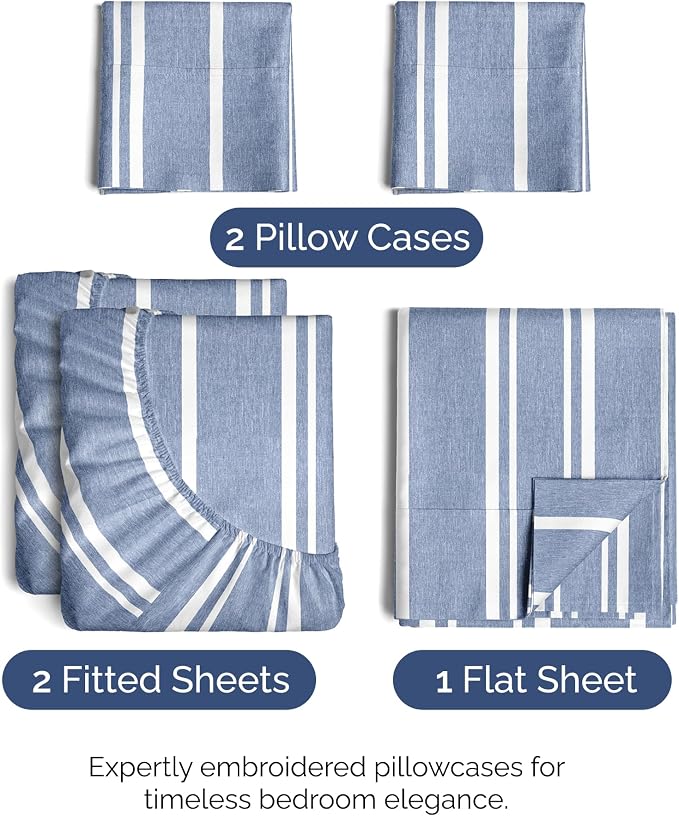 Split King Size 5 Piece Sheet Set - Breathable & Cooling - Blue Stripes | Hotel Luxury Bed Sheets for Women & Men, Deep Pockets, Easy-Fit, Comfy, Soft and Wrinkle Free Sheets, Oeko-Tex Bed Sheet Set