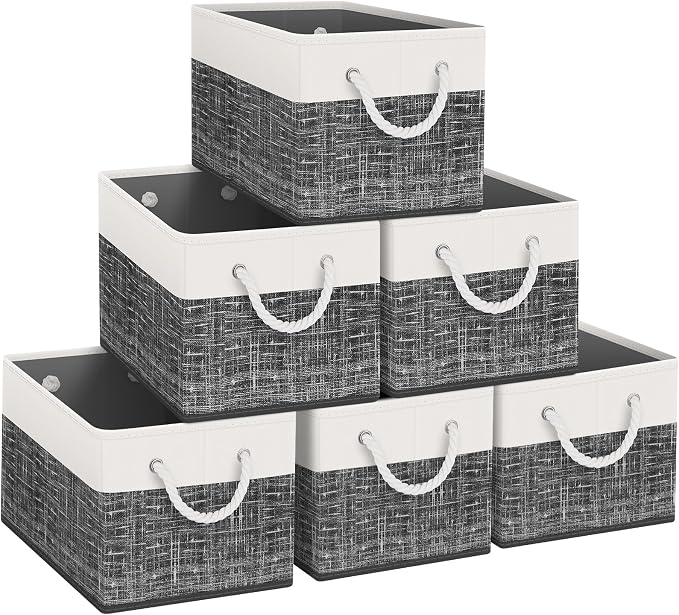 Storage Bins 6-Pack, Foldable Storage Baskets for Organizing Toys, Books, Shelves, Closet, Large Storage Box with Rope Handles, Sturdy Organizer Bins, White & Black