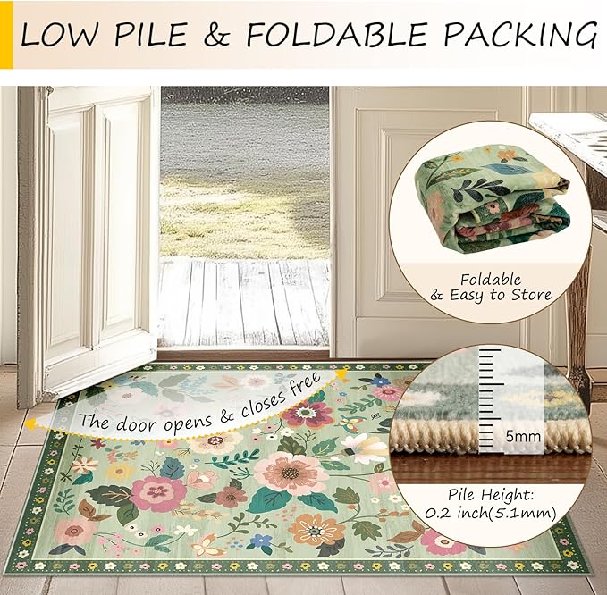 RELEANY Floral Washable 2x3 Area Rugs Doormat LightGreen | Flower Carpet, Print, Boho, Non-Slip, Easy to Clean, Soft, Low Pile for Living Room Bedroom Kitchen Office Entryway Hallway