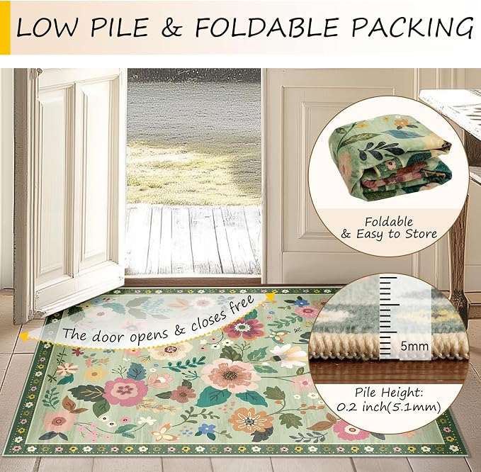 Floral Washable 2x10 Area Rugs Runner Entryway Hallway LightGreen | Flower Carpet, Print, Boho, Non-Slip, Easy to Clean, Low Pile, Soft, for Living Room Bedroom Kitchen Office Entrance