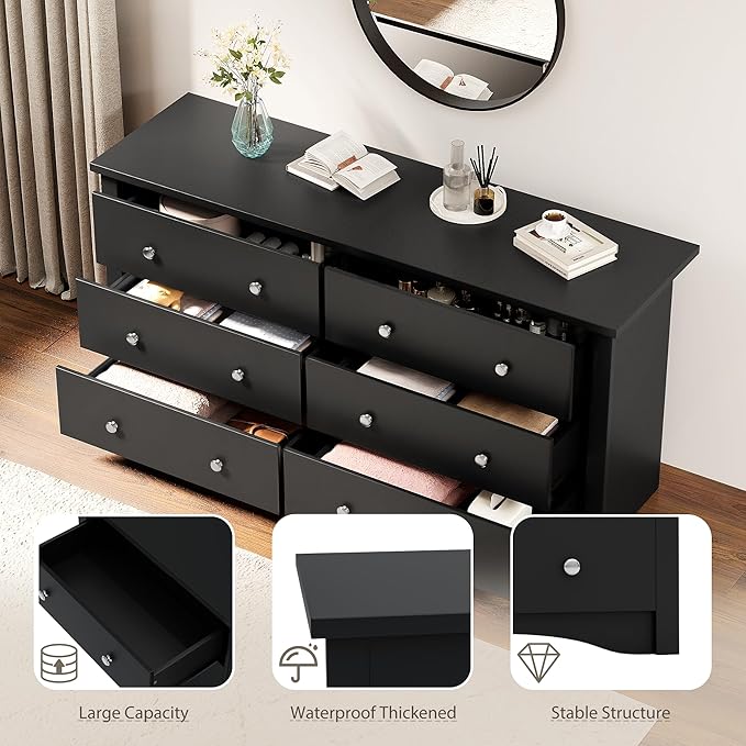 YESHOMY Black Dresser for Bedroom with 6 Drawer, 47.2" Organizer Drawers | Space Saving, Modern Design, Anti-Tip, TV Stand for Living Room, Hallway
