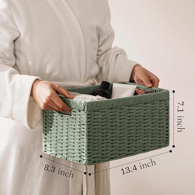 UBBCARE 2 Pack Wicker Basket, 13.4L×8.3H×7.1W inch Woven Paper Rope Storage Baskets for Shelves, Foldable Rectangular Storage Baskets with Handle, Storage Basket for Organizing, Green