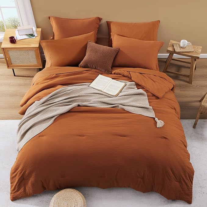 Queen Comforter Set-7 Pieces Soft Prewashed Bed in a Bag Queen Bedding Sets | All Season Comforter with Sheets, Pillow Shams & Pillowcases,Burnt Orange