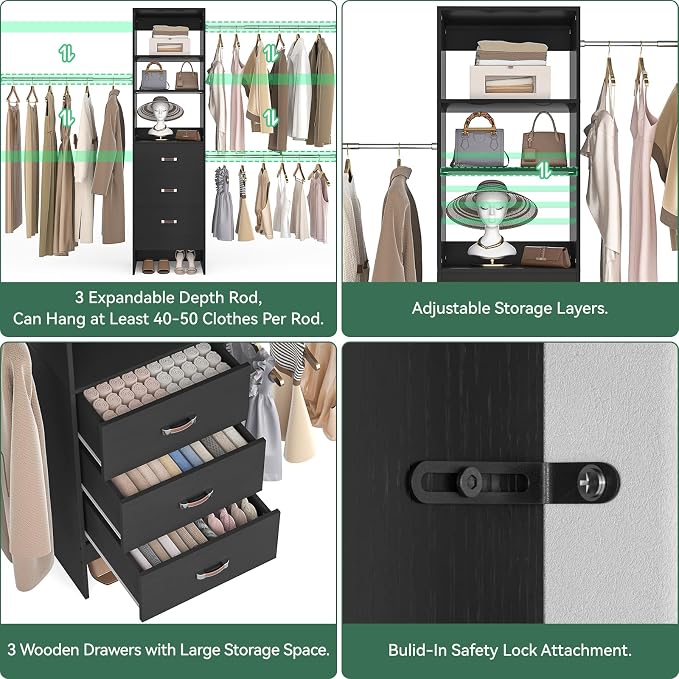 Besiost 96'' Closet Organizer System with 3 Hanging Rods, 8FT Closet Organizers and Storage with 3 Wooden Drawers, Built in Closet Organizer Systems, Adjustable Walk-in Wardrobe from 5-8FT, Black