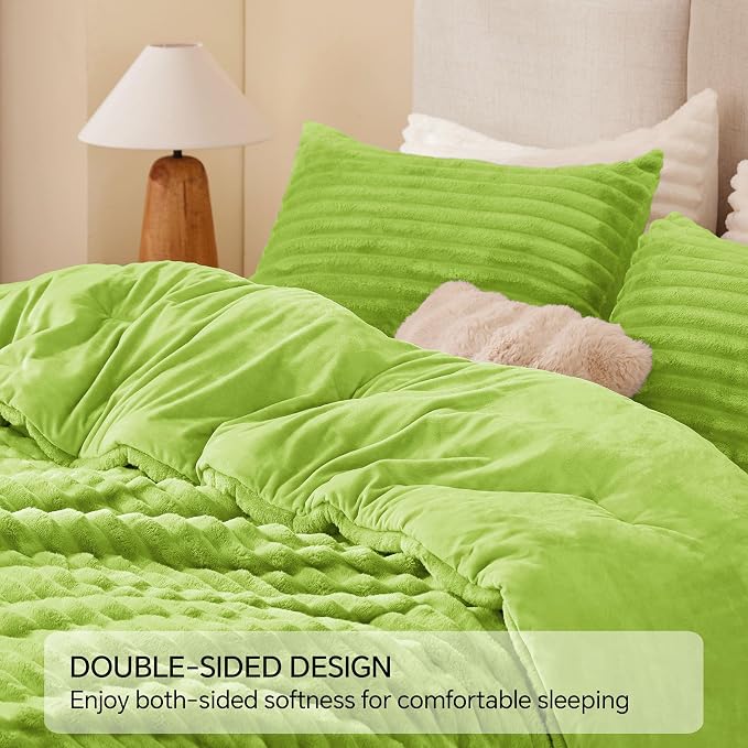 BEDELITE Fleece Queen Comforter Set, Fluffy Bed Set, Dark Citron | Super Soft & Warm Bedding, Luxury Fuzzy Faux Fur Comforter for Winter, Heavy Plush Bedding, with 2 Pillowcases