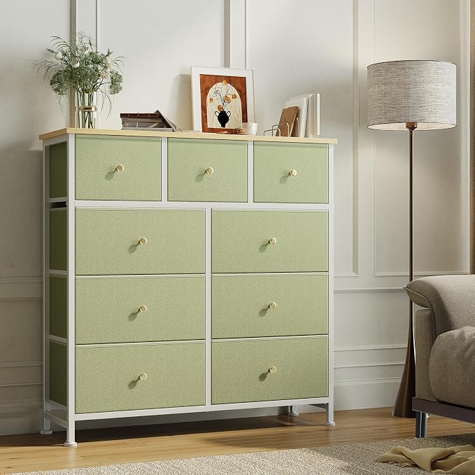 DUMOS 9 Drawer Dresser for Bedroom, Storage Organizer Chest of Drawers | Fabric Bins Storage Tower with Sturdy Metal Frame, Wood Tabletop for Closet, Light Green