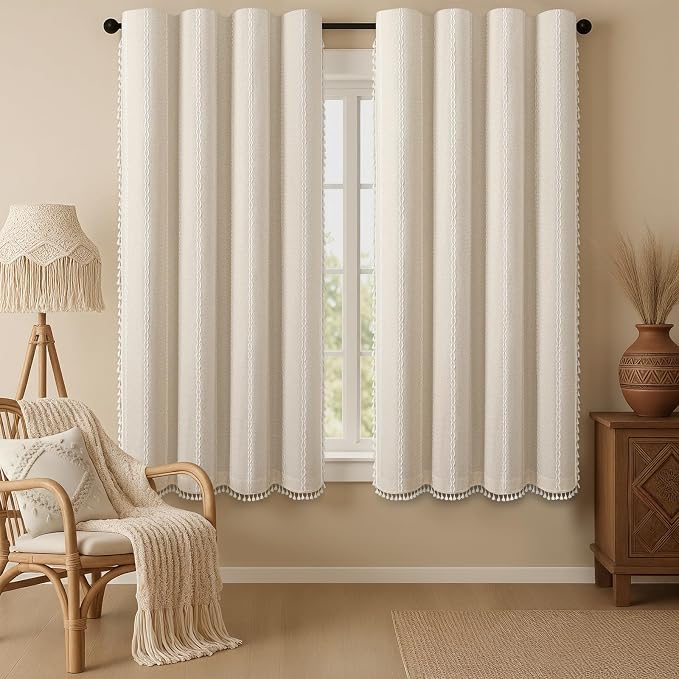 Boho 100% Blackout Curtains 63 Inch 2 Panels Linen Blend Beige | Vintage Farmhouse Rod Pocket, White Cotton Embroidery and Tassel, Bedroom, Living Room, Insulation and Room Darkening