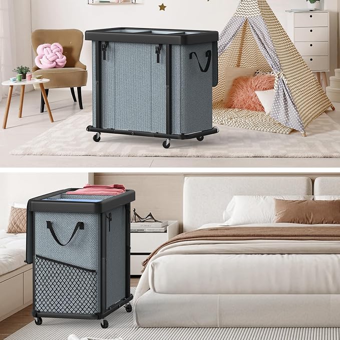 Laundry Basket with Wheels, 230L(60Gal) Laundry Sorter 3 Section - Gray | Leather Patchwork Laundry Hapmer, Sturdy Metal Frame, Removable Washable Bag, Tall Clothes Sorter for Bedroom
