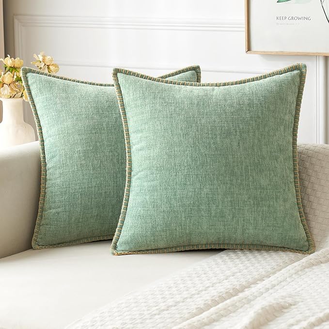 MIULEE Decorative Couch Throw Pillow Covers 20x20 Inch Greyish Green 2 Pack | Farmhouse Pillow Covers with Stitched Edge, Soft Chenille Cushion Cases, for Sofa Bed Living Room Home Decor