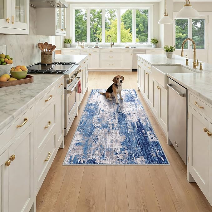RELEANY Washable Runner 3'x6' Abstract Area Rug for Hallway Blue Gray | Carpet for Kitchen, Entryway, Bathroom, Living Room, Bedroom, Printed Pattern, Non‑Slip, Soft, Stain‑Resistant, Easy to Clean