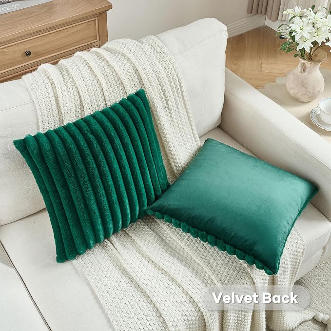 FUTEI Pack of 2 Faux Fur Throw Pillow Covers 12x20 Inch, Emerald Green | Fluffy Faux Rabbit Fur Front/Premium Velvet Back,Hidden Zipper,Machine Washable,Non-Shedding,Colorfast,Insert Not Included.