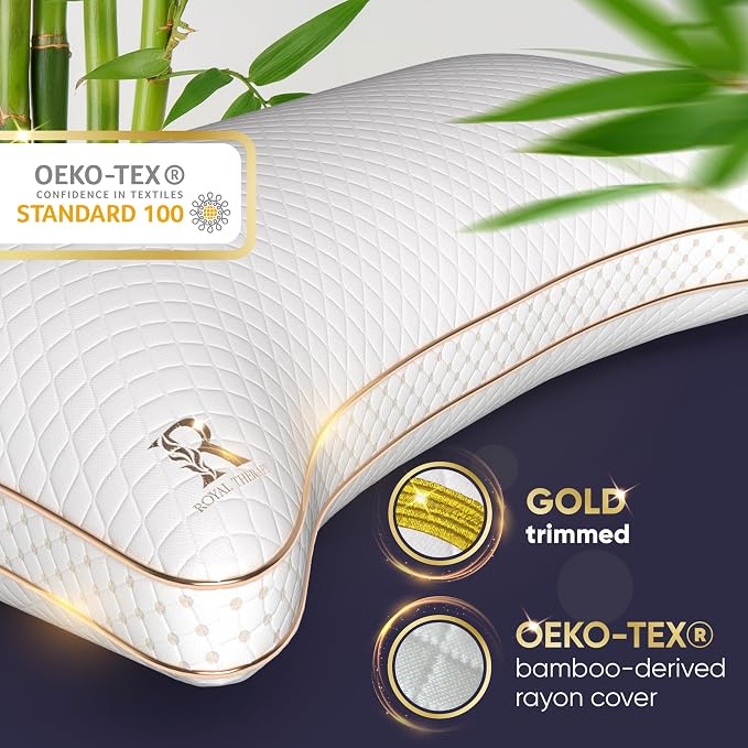 Royal Therapy Queen 2-Pack Memory Foam Pillow, Adjustable Shredded Odor-Free Cut-Out Bed Pillow for Neck & Shoulder Pain Relief, Breathable Support for Back, Stomach, Side Sleepers, BioForm