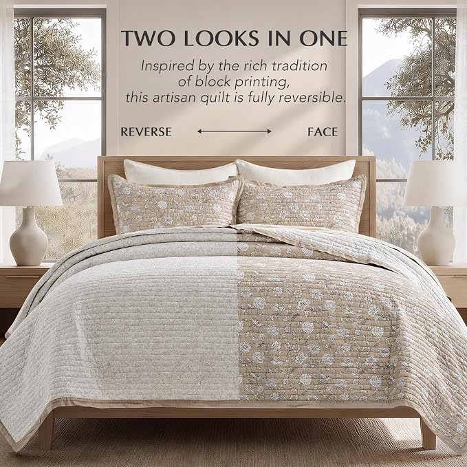 EverGrace 100% Cotton Floral Quilt Set, King Size, Sandstone Beige 108"×96" | Reversible Lightweight Bedspread Coverlet, Vintage Floral Farmhouse Bedding, Traditional Botanical Quilt with 2 Pillow Shams
