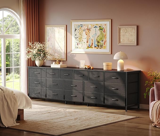 Huuger 77.6" Long Dresser for Bedroom, 16 Drawer Fabric Dresser for Closet, Wide Chest of Drawers with Storage, TV Stand for 65, 75, 85 Inch TV, 77.6" W x 13" D x 26.4" H, Black