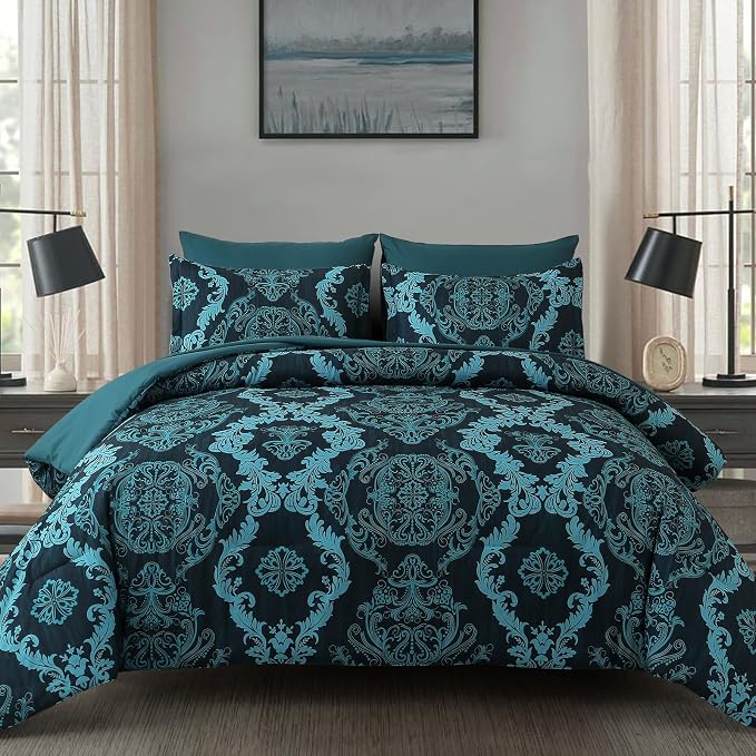 WONGS BEDDING 7 Piece King Comforter Set, Teal Texture Breathable Microfiber Comforter Bedding Set for All Season, Damask Bed in a Bag with Comforter, Flat Sheet, Fitted Sheet, Pillowcases & Shams