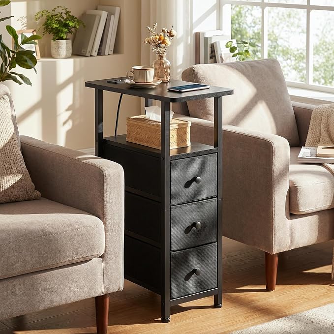 LOAKEKEL Narrow End Table with Charging Station, Small Nightstand | Skinny Side Tables Living Room with 3 Fabric Drawers, Slim Bedside Table for Bedroom, Small Spaces, Couch, Black