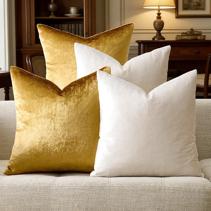 GIGIZAZA Pack of 4 Decorative Velvet Pillow Covers 18x18 Ivory Gold | Throw Pillows for Couch Sofa,280gsm Soft Textured Fabric,Modern Accent Pillowcases,Luxury Living Room Cushion Covers