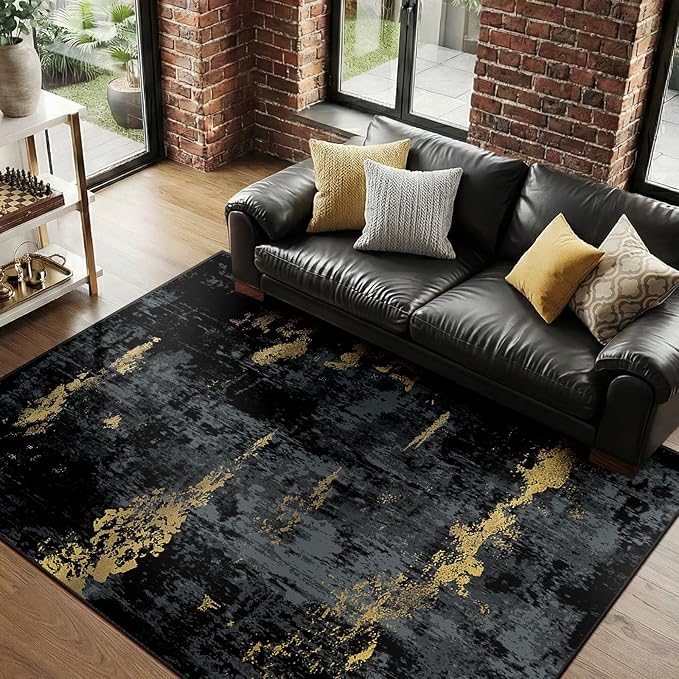RELEANY Washable 8'x10' Abstract Area Rug for Living Room Black Gold | Carpet for Bedroom, Kitchen, Office, Hallway and Entryway, Printed Pattern, Non‑Slip, Soft, Stain‑Resistant, Easy to Clean