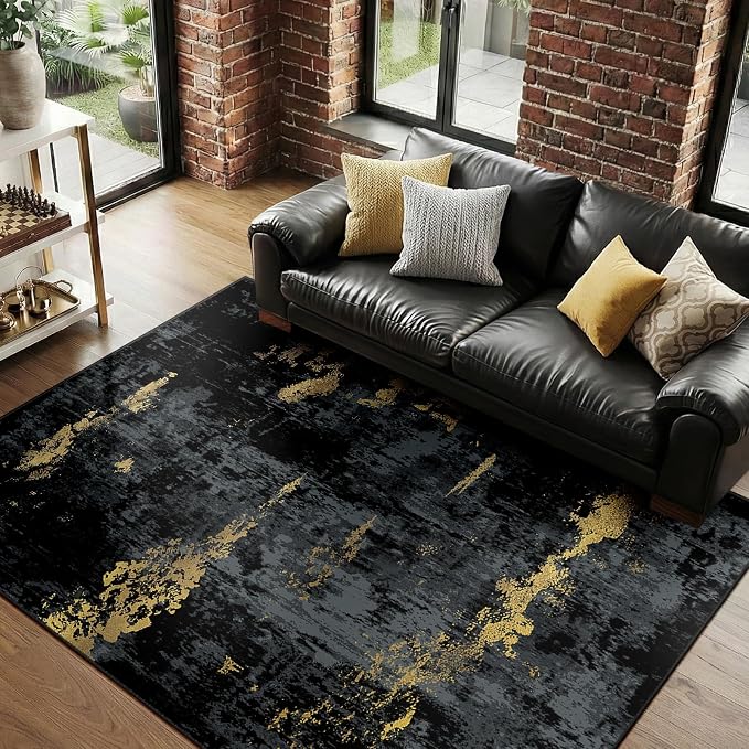 RELEANY Washable 9'x12' Abstract Area Rug for Living Room Black Gold | Carpet for Bedroom, Kitchen, Office, Hallway and Entryway, Printed Pattern, Non‑Slip, Soft, Stain‑Resistant, Easy to Clean