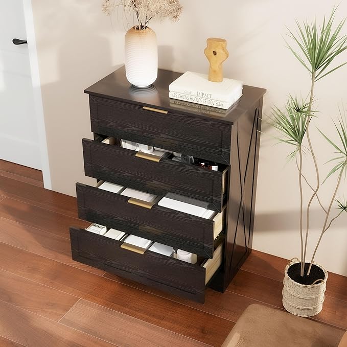 FTZxHKLX Modern Wide Wooden Chest of Drawers, Dresser for Closet, Black | Deep Drawer Dresser with Rose Gold Handles, Small Nursery Dresser with Anti-Tip Design for Living Room, Children's Room