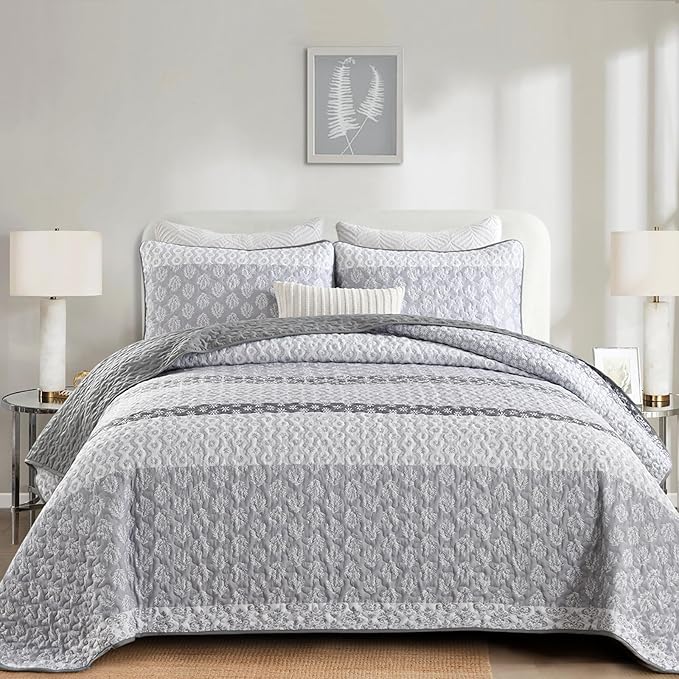 Cottolester Boho King Quilt Bedding Set,Teal Striped Lightweight Bedspread | Soft Microfiber Coverlet,Breathable All-Season,Machine Washable,3-Piece Set,Fits King 110"x90",Cozy Essential for Men Women