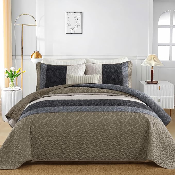 Cottolester Boho Quilt Set King,Black Taupe Striped Plaid Coverlet Set | Lightweight Bedspreads with 2 Pillow Shams,Soft Microfiber,All Season Bed Coverlets for Bedroom Guest Room 110"x90"