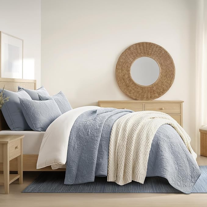 EVERGRACEHOME 100% Cotton Paisley Quilt Set, Queen Size, Pearl Blue | Prewashed for Softness, Year-Round Breathability, Gift-Ready Box, Matelasse-style Quilted Coverlet, 3 Piece Set with 2 Shams