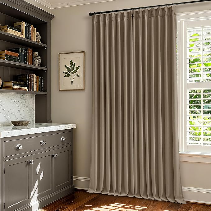 Light Brown 100% Blackout Linen 100 Inch Bedroom Curtains 2 Panels, Latte | Pinch Pleated, Linen, Thermal Insulated Heavy Curtains 40 x 100 Inches Length, Sliding Glass Door, Room Darkening Drapes