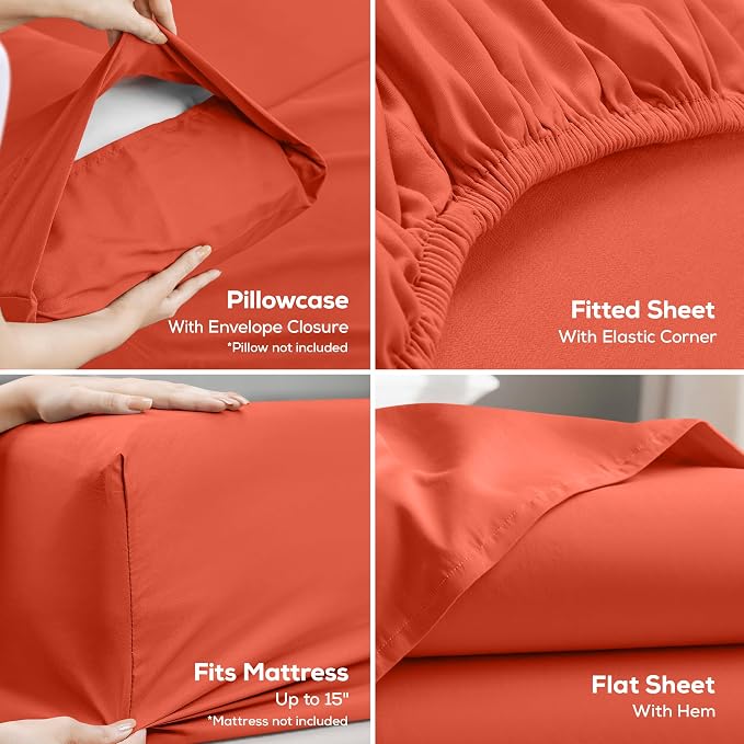 California King Sheets Set, 4 Pieces 16" Deep Pocket Bed Sheets, Coral | Extra Soft Bedsheet Set, Comfy & Breathable Cooling Sheets, Wrinkle & Fade Resistant, Fitted Sheet, Flat Sheet, 2 Pillowcases