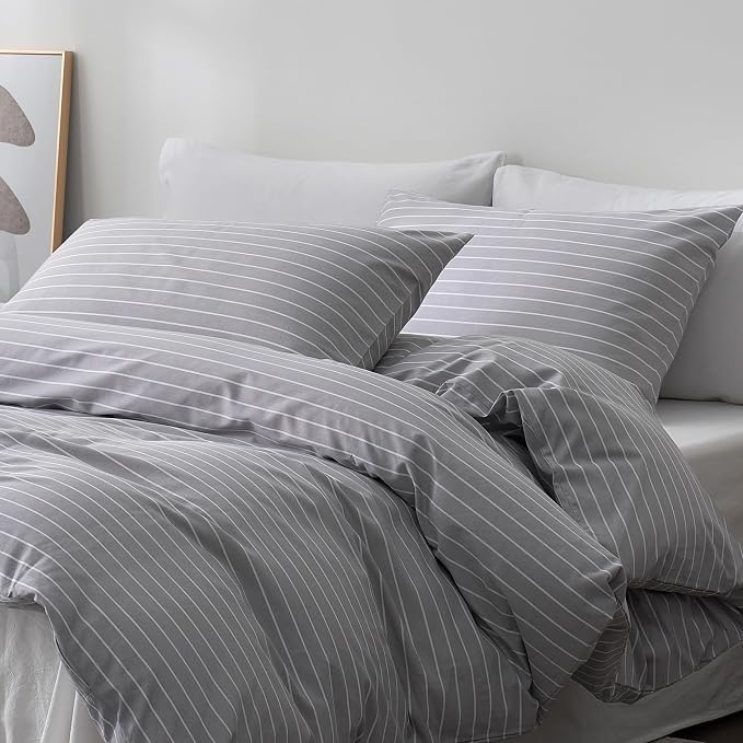 JELLYMONI 100% Cotton Wide Striped Full Duvet Cover Set, Gray/White | Classic Stripes, 8 Corner Ties & Double-Head Hidden Zipper, Breathable and Soft, For Guest Room