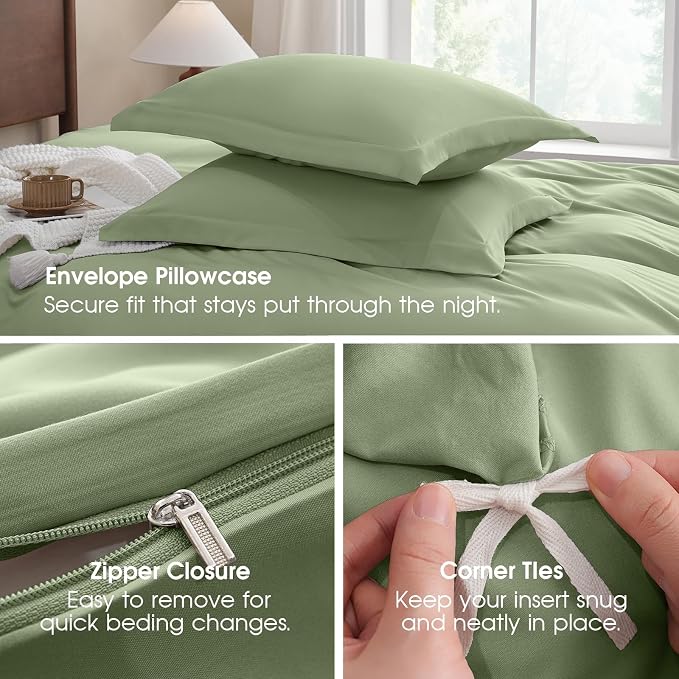 FreshCulture California King Duvet Cover - 3 Pieces Microfiber Duvet Cover Set with Zipper Closure - Lightweight & Easy Care - 1 Comforter Cover & 2 Pillow Shams - Comforter Not Included (Sage)