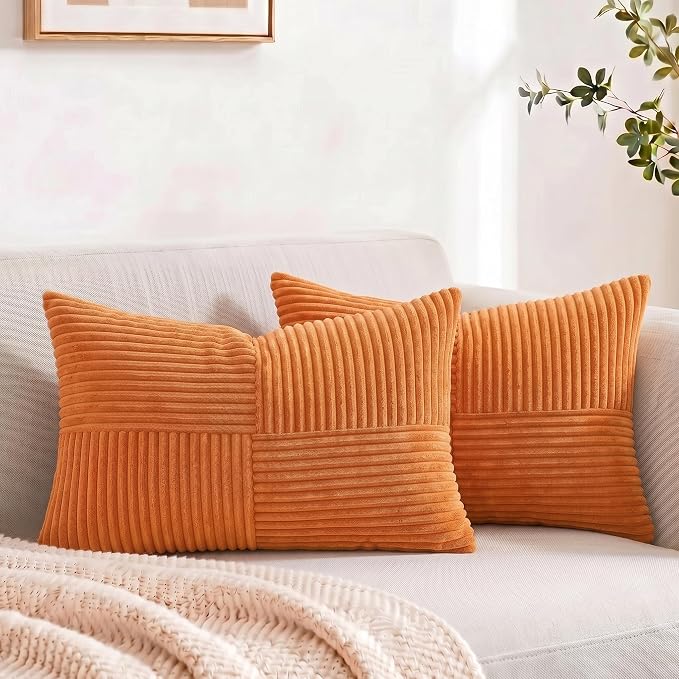 Fancy Homi 2 Packs Orange Lumbar Decorative Throw Pillow Covers 16x32 Inch for Living Room Couch Bed Sofa, Farmhouse Boho Home Decor, Soft Striped Corduroy Rectangle Accent Cushion Case 40x80 cm