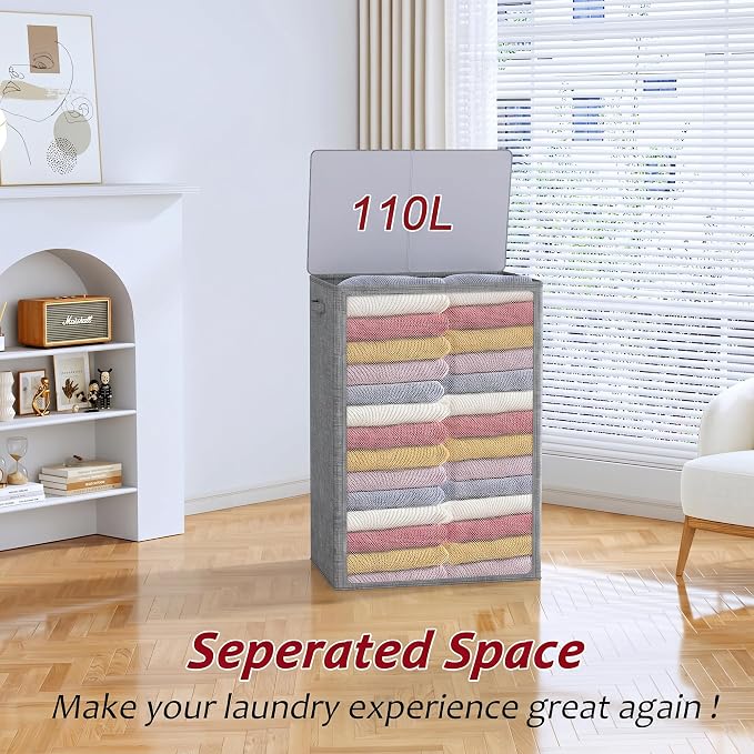 110L Laundry Hamper with Lid, Reinforced Sturdy Large Laundry Hamper with Handle and Lid, Collapsible Clothes Basket Organizer with Removable Liner Bag, Tall Dirty Clothes Bin for Dorm Bedroom