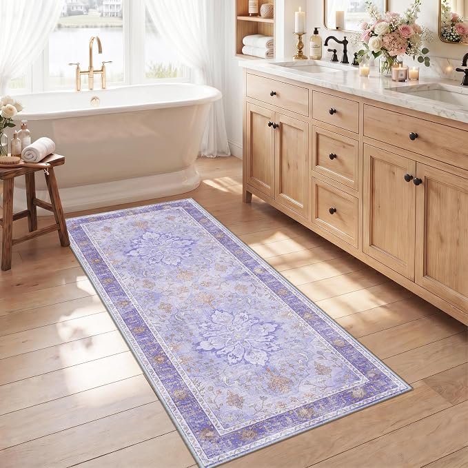 RELEANY Washable Area Rug, Runner 2'6"x5', Purple | Non-Slip, Water Repellent, Pet Friendly, Easy to Clean, Vintage Floral Boho Decor for Kitchen Entry Bedroom Bedside Laundry