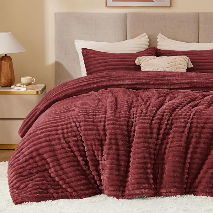 BEDELITE Fleece King Comforter Set, Fluffy Bed Set, Burgundy | Super Soft & Warm Bedding, Luxury Fuzzy Faux Fur Comforter for Winter, Heavy Plush Bedding, with 2 Pillowcases