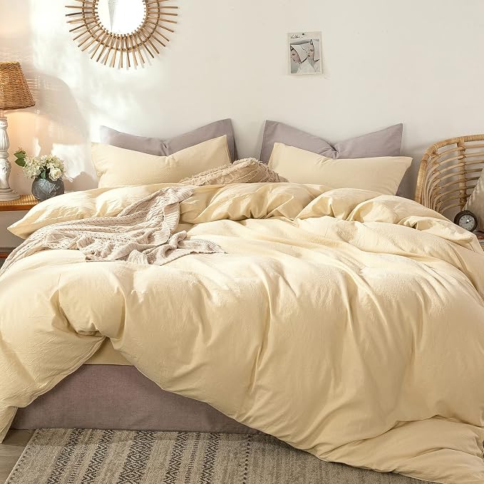 MooMee Duvet Cover Set 100% Washed Cotton Linen Like King | Relaxed Linen-like Texture. Soft, Breathable & Long-lasting Comfort. Lightweight. Hidden Zipper with 8 Interior Corner Ties