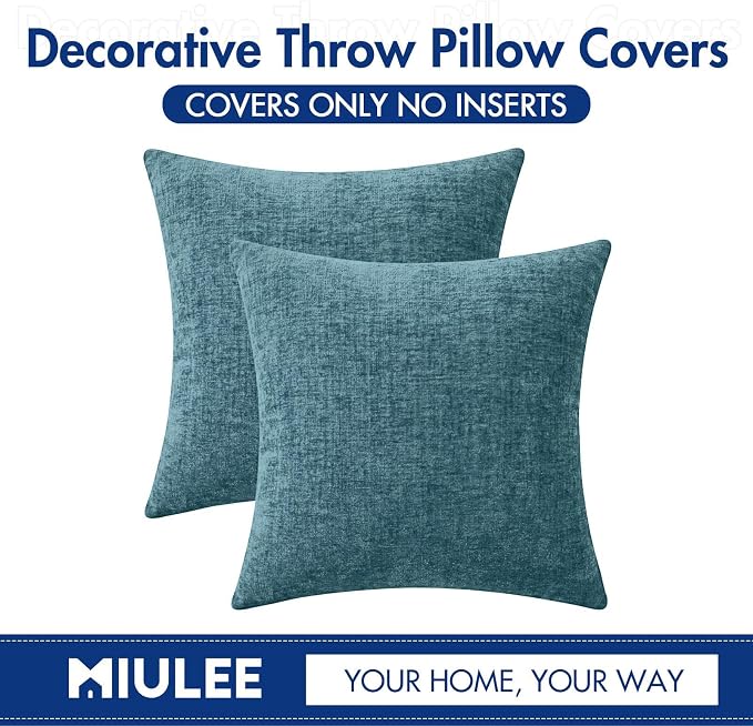 MIULEE Soft Chenille Euro Throw Pillow Covers Blue Ashes 24x24 Pack of 2 | Modern Coastal Home Decor, Classic Decorative Pillows, Solid Dyed Cases, Boho Couch Cushion Covers for Sofa Bed Living Room