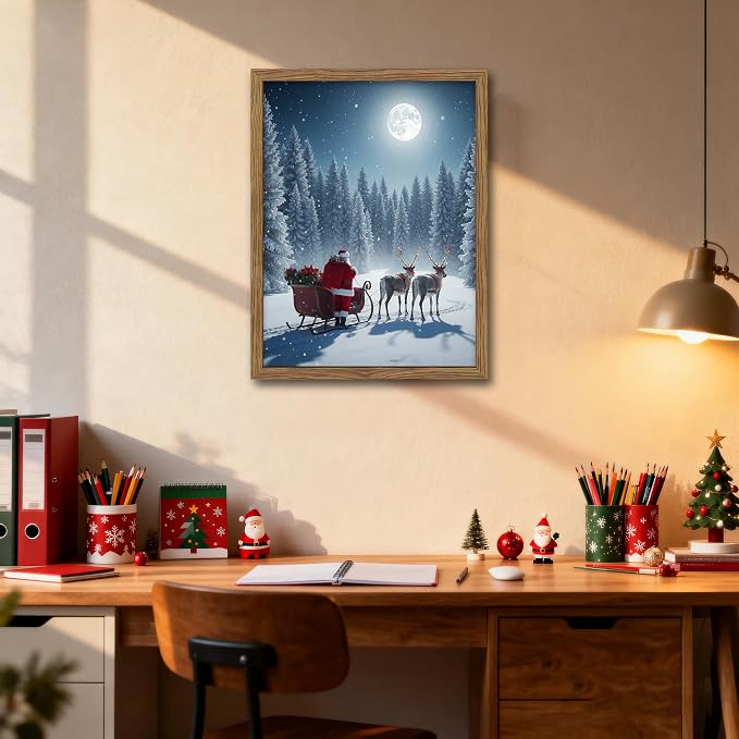 Framed Christmas Pictures Wall Decor, Santa Delivering Christmas Gifts Canvas Prints, Winter Holidays Pine Trees Wall Art, Christmas Snow Scene Santa Reindeer Decorations – 12x16in