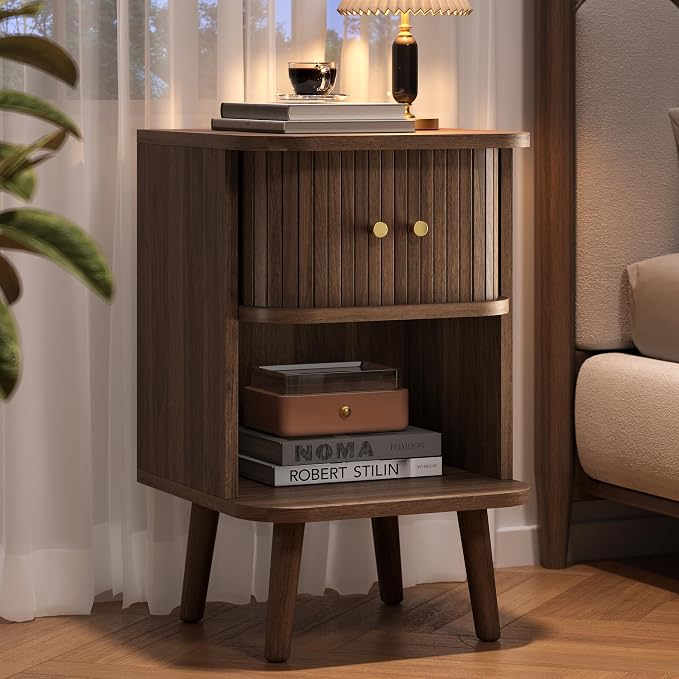 Decofy Fluted Nightstand, Charging Station & Sliding Door, Walnut | Open Shelf, Space-Saving, Concealed Cabinet Storage, Mid Century Modern Bedside Tables, Bedroom End Tables