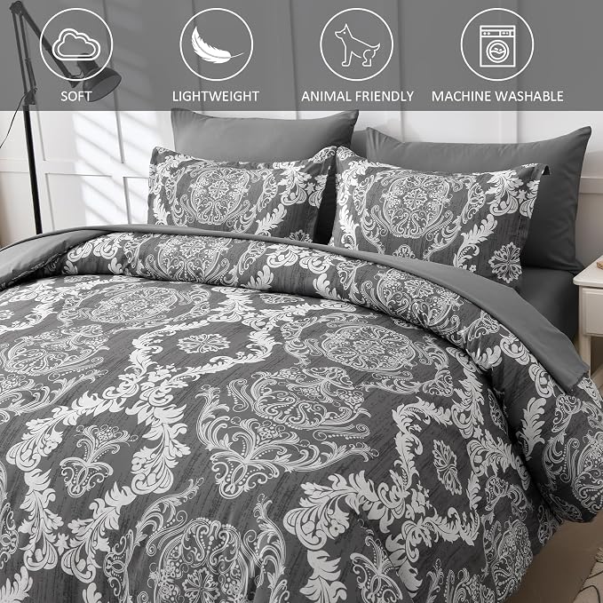 WONGS BEDDING Dark Grey Comforter Set King Size, Damask Texture 7 Pieces Bed in a Bag Microfiber Comforter Bedding Sets -1 Comforter, 1 Flat Sheet, 1 Fitted Sheet, 2 Pillow Shams, 2 Pillowcases