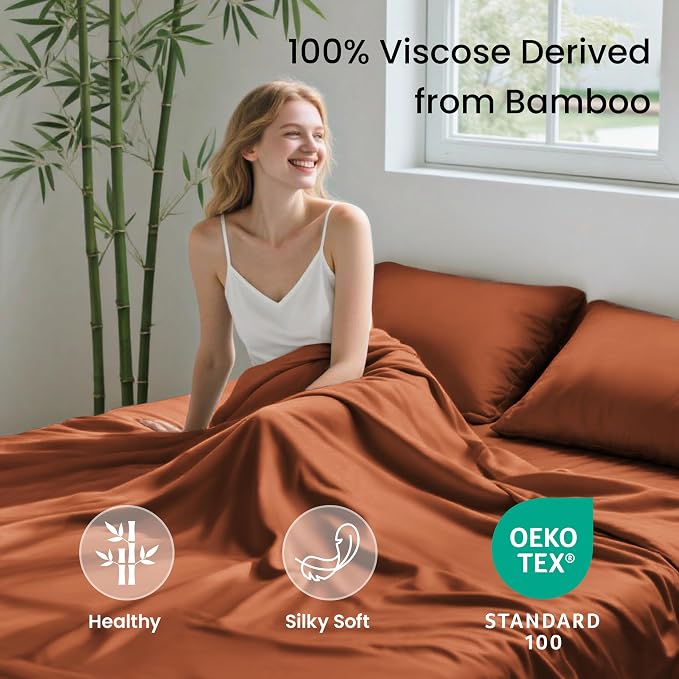 Love's cabin 4 Piece California King Size Sheet Set, 100% Rayon Derived from Bamboo, Cooling & Breathable, Soft Silky Deep Pocket up to 16", Hotel Luxury Bedding for Hot Sleepers, Burnt Orange