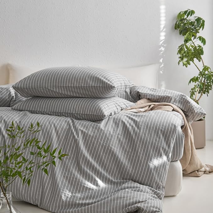 MooMee Striped Duvet Cover Set 100% Washed Cotton Linen Like | Relaxed Linen-like Texture. Soft, Breathable & Long-lasting Comfort. Lightweight. Hidden Zipper with 8 Interior Corner Ties