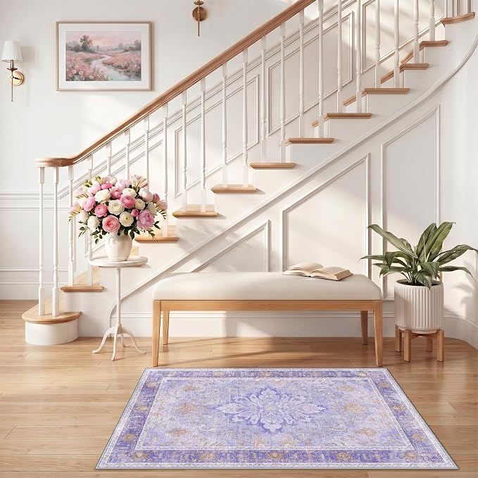 RELEANY Washable Area Rug, Small 2'6"x4', Purple | Non-Slip, Water Repellent, Pet Friendly, Easy to Clean, Vintage Floral Boho Decor for Kitchen Entryway Bathroom