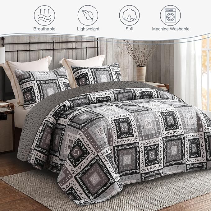 Exclusivo Mezcla Reversible Boho California King Quilt, Black | Lightweight Soft Bedspreads, All Season Patchwork Coverlet Bedding Set, Printed Floral Pattern, 1 Quilt and 2 Pillow Shams