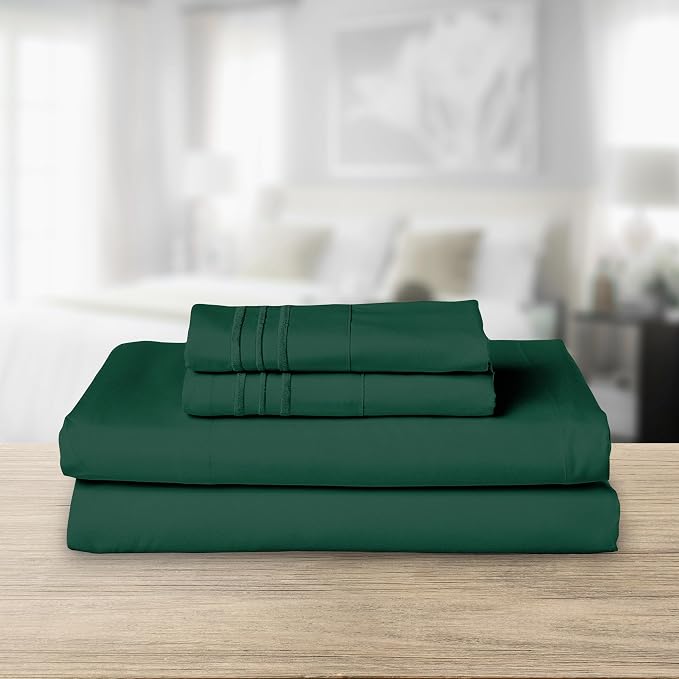 Elegant Comfort Luxurious 1500 Premium Hotel Quality Microfiber Three Line Embroidered Softest 4-Piece Bed Sheet Set, Wrinkle and Fade Resistant, Queen, Hunter Green