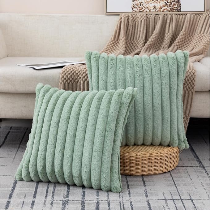 ZLINA Light Green Striped Faux Fur Throw Pillow Covers 16 x 16 Inch | 2‑Pack, boho striped pillow covers,velvet back,fuzzy plush cushion covers , for sofa bed livingroom home decor