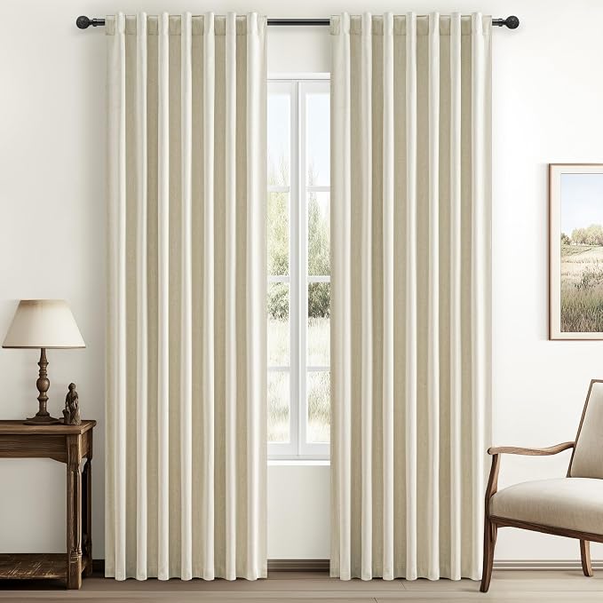Warm Cream Thick Linen Black Out Curtains 84 Inch Long for Living Room 2 Panels Set, Farmhouse Pleated Room Darkening Window Drapes Insulated Privacy for Kids Bedroom 50"W x 84"L (Rod Pocket Back Tab)